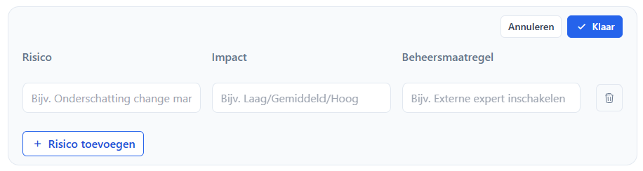 Risico's met impact en beheersmaatregel per regel.