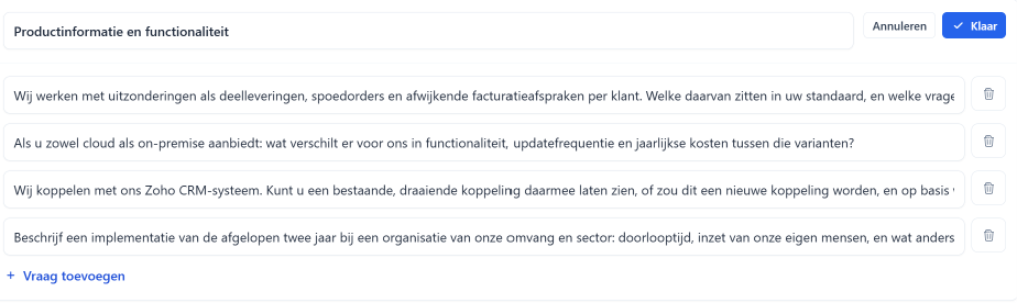 RFI-vragen per sectie opstellen.
