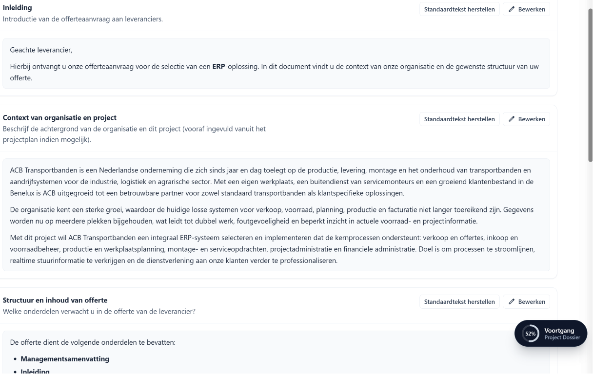 RFP opstellen met inleiding, context en offertestructuur.